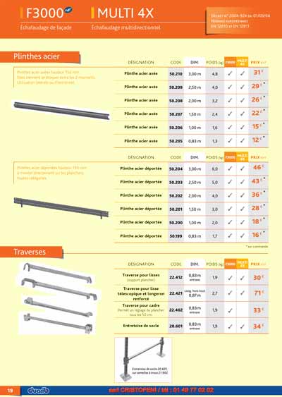 F3000 Multi 4X échafaudage de façade Échafaudage multidirectionnel Décret n° 2004-924 du 01/09/04 Normes européennes EN 12810 et EN 12811 Plinthes acier Plinthes acier axées hauteur 150 mm. Elles viennent se bloquer entre les 2 montants. Utilisation latérale ou d’extrémité. Plinthes acier déportées hauteur 150 mm à monter directement sur les planchers, toutes catégories.